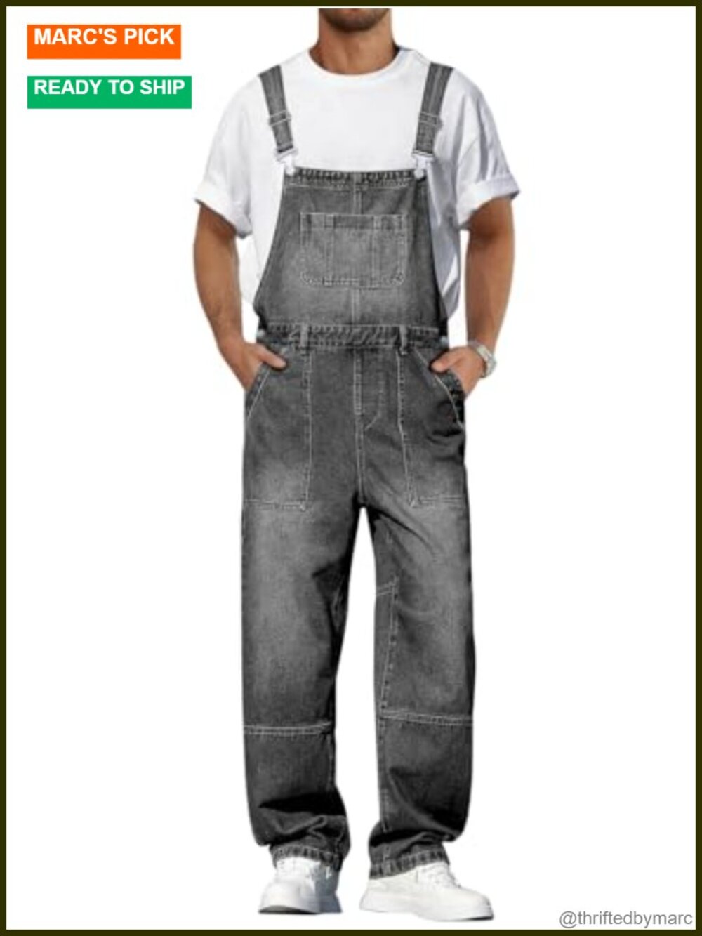 Men's Denim Bib Overall Loose Fit Hip Hop Jumpsuit Cotton Blend